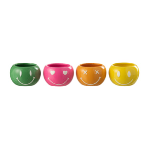 J-Line cache-pot Smiley - porcelaine - mix - small - 4 stuks - Ø 11.5 cm