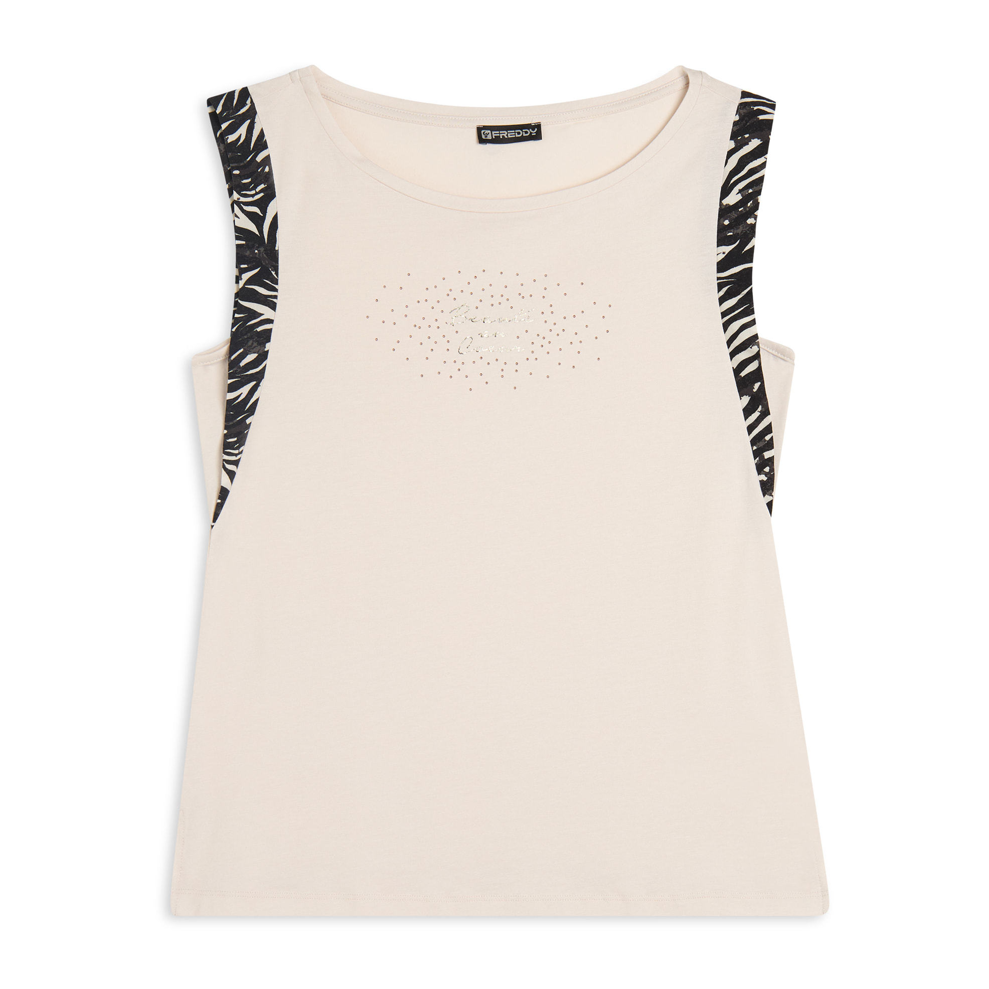 T-shirt senza maniche con dettagli dorati e animalier