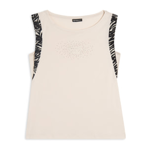 T-shirt senza maniche con dettagli dorati e animalier