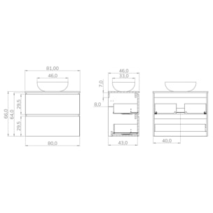 Conjunto de Baño Kaji | Mueble de Baño Suspendido | 80 cm Bardolino| Dos Cajones | Lavabo Ovalado sobre Encimera | No incluye Espejo | Alday