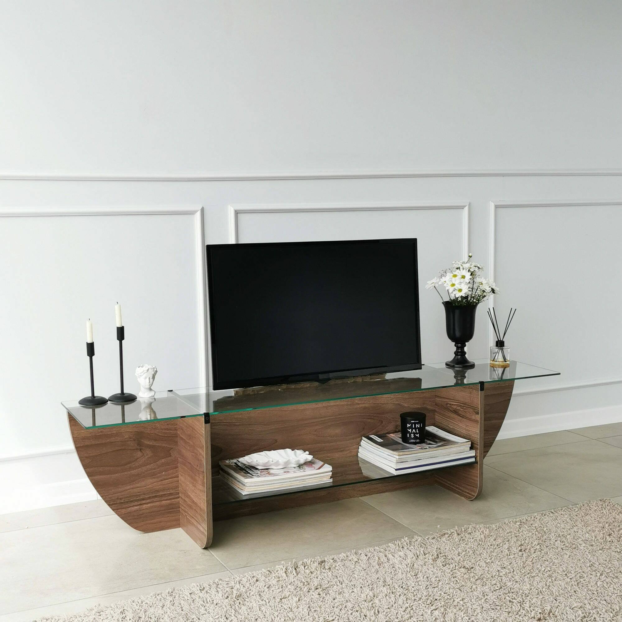Mobile porta TV Kasuga, Credenza da soggiorno, Armadio basso per TV, Base parete attrezzata, 158x35h40 cm, Noce