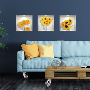 Stickers muraux 3D | Sticker Mural Autocollant effet 3D fleurs variétés de tournesols - Stickers adhésifs 3D Chambre Salon Trompe l'oeil