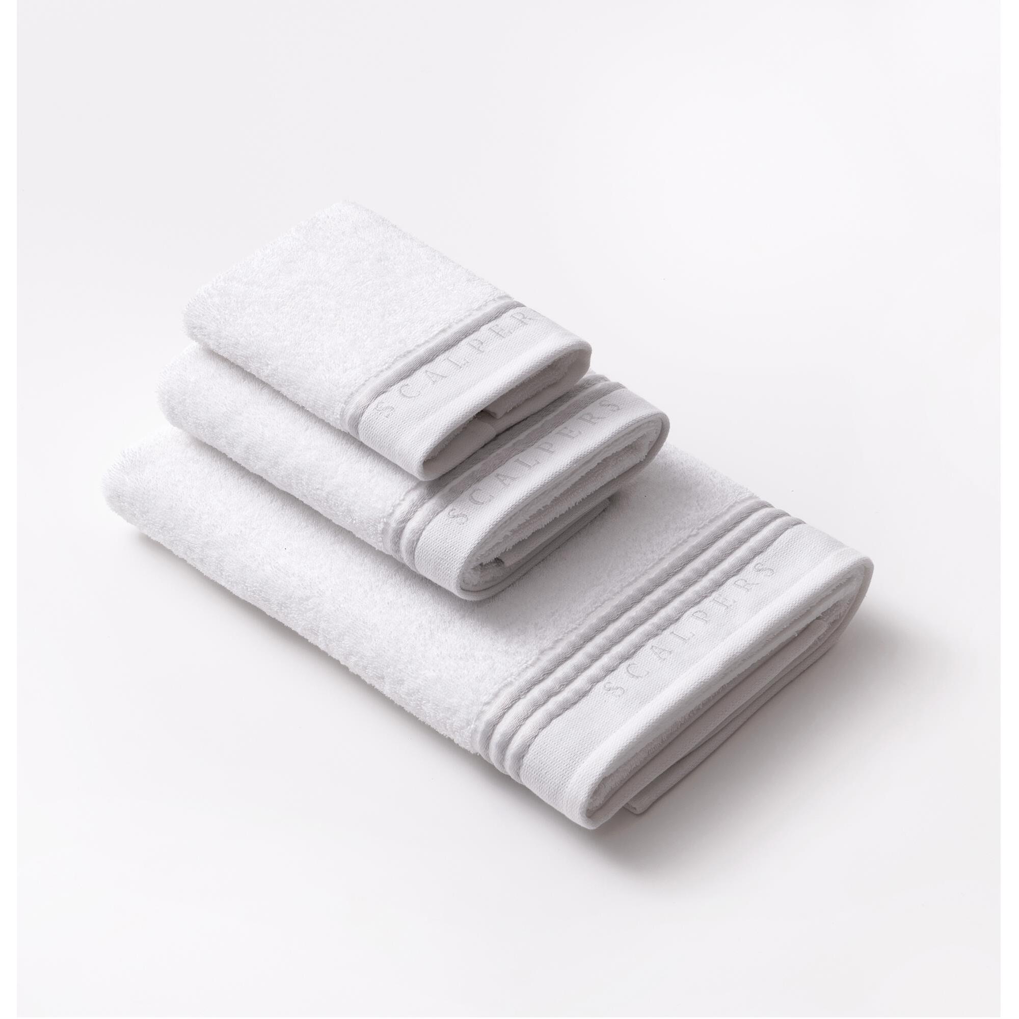 Set 6 toallas baño (2x tocador 30x50cm + 2x manos 50x90cm + 2x baño 70x140cm) 450gsm en algodón blanco con gris scalpers home
