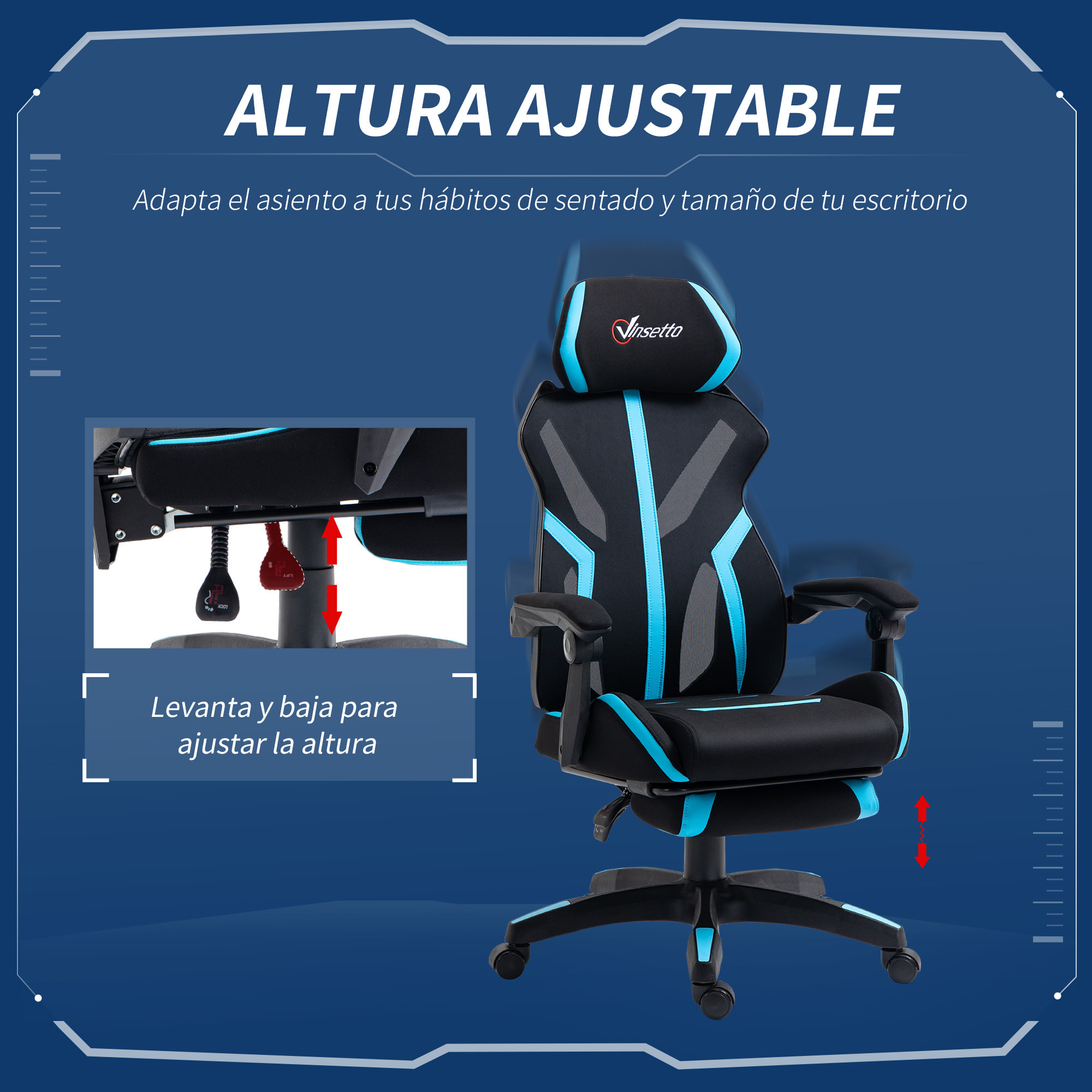 Vinsetto Silla Gaming con Reposapiés Retráctil Silla de Oficina Giratoria Reclinable con Reposacabezas y Altura Ajustable 65x65x119-129 cm Negro y Azul