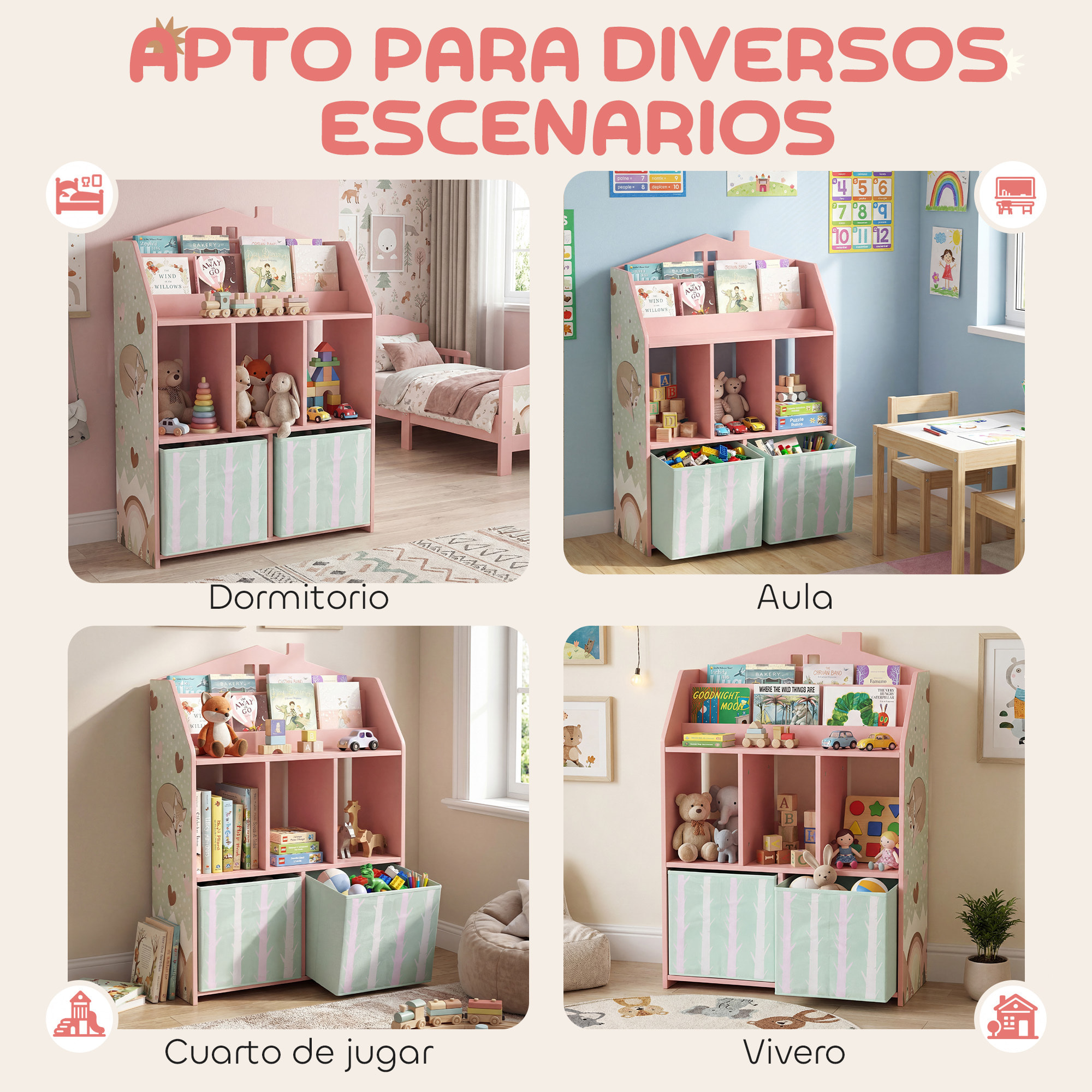 Estantería Infantil para Juguetes con Cajones de Tela, Estantes Abiertos, Diseño de Zorros, Organizador de Juguetes para Dormitorio, Sala de Juegos, Guardería, Rosa