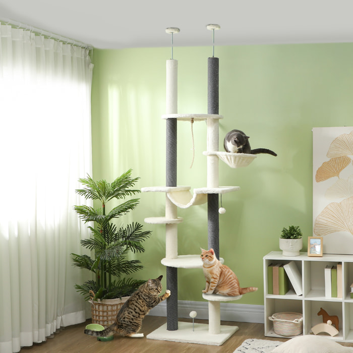 Árbol para Gatos de Suelo a Techo 225-255 cm Árbol Rascador para Gatos de 7 Niveles Torre para Gatos con Hamacas Plataformas Juguete de Cuerda Bola de Juguete Crema y Gris