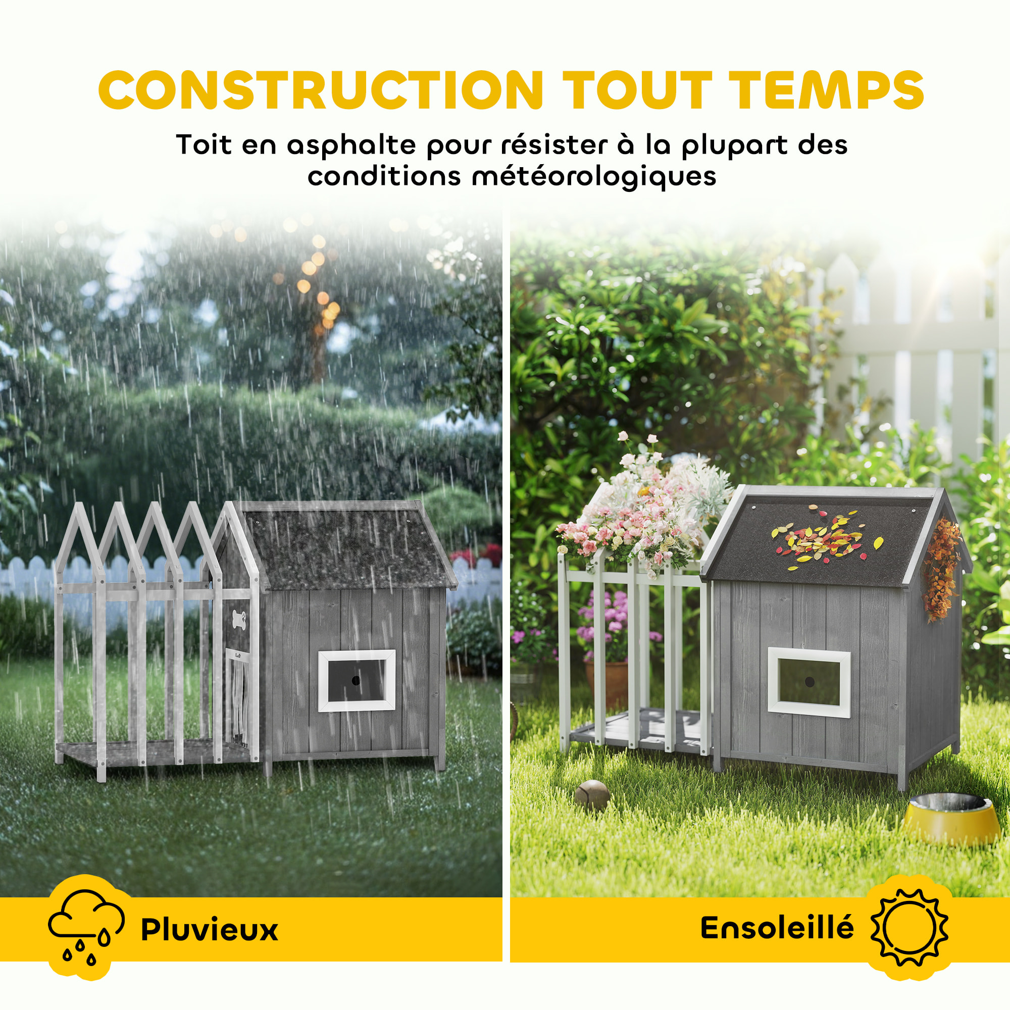 Niche villa pour chien sur pied - terrasse, claustra, auvent, porte, fenêtre, toit bitumé - bois blanc gris