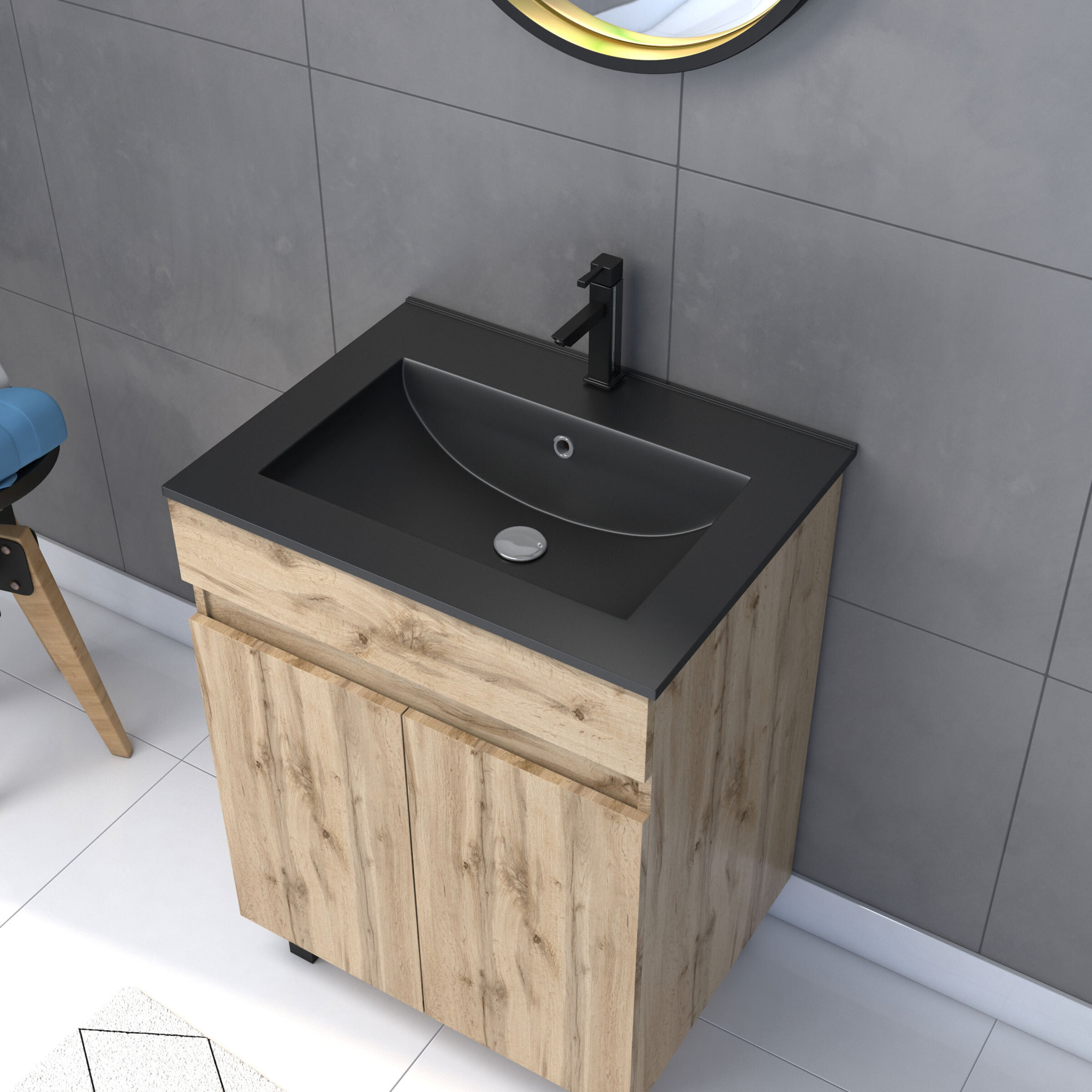Pack Meuble SDB 60cm sur pieds 2 portes Chene_Vasque noire + Miroir Barber - TIMBER 60_Pack20