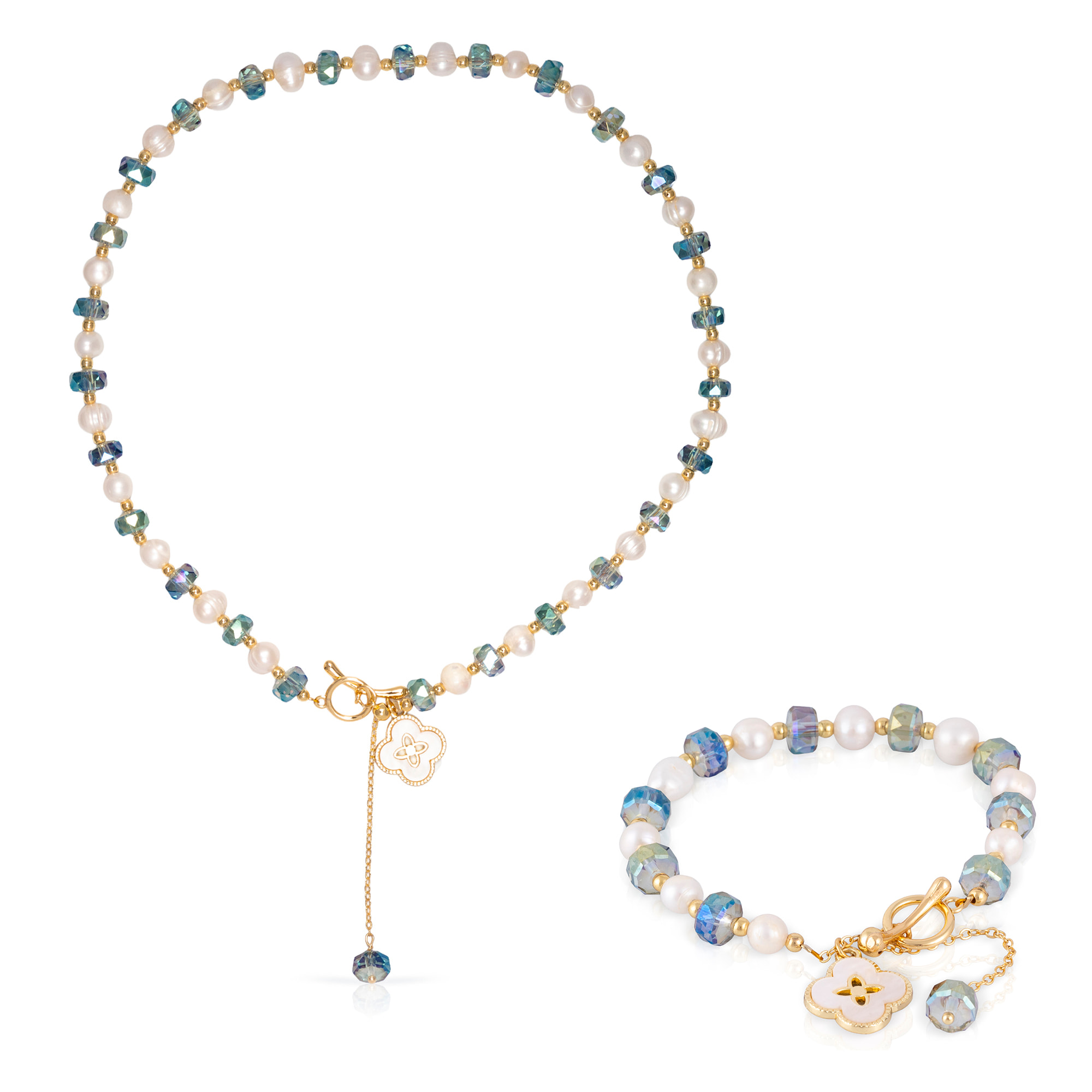 Set de pulsera y collar a juego con colgante de trébol de cuatro hojas, cuentas de cristal azul y perlas naturales.