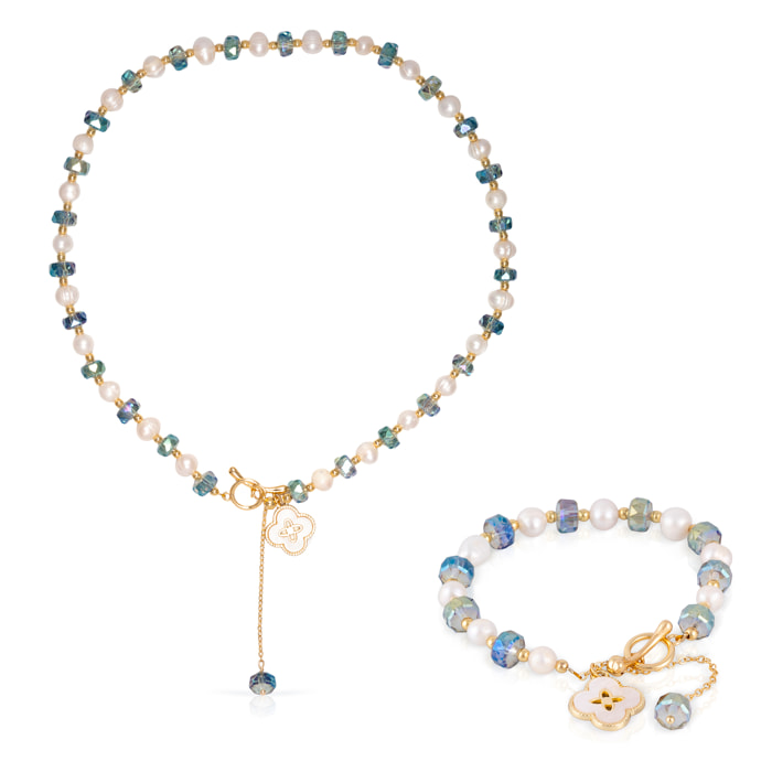 Set de pulsera y collar a juego con colgante de trébol de cuatro hojas, cuentas de cristal azul y perlas naturales.
