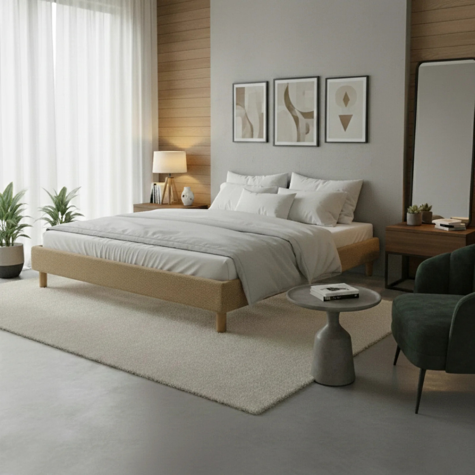 Lit Déco Cancun | Cadre à lattes | Robustesse et confort | Montage simple rapide | Bouclette | Camel