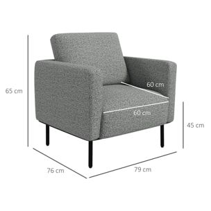 Fauteuil style contemporain grand confort piètement métal noir tissu toucher lin gris chiné