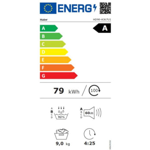 Sèche linge pompe à chaleur HAIER HD90-A367U1-FR 9kg - Idéal famille & Ultra-silencieux & Connecté & Basse consommation