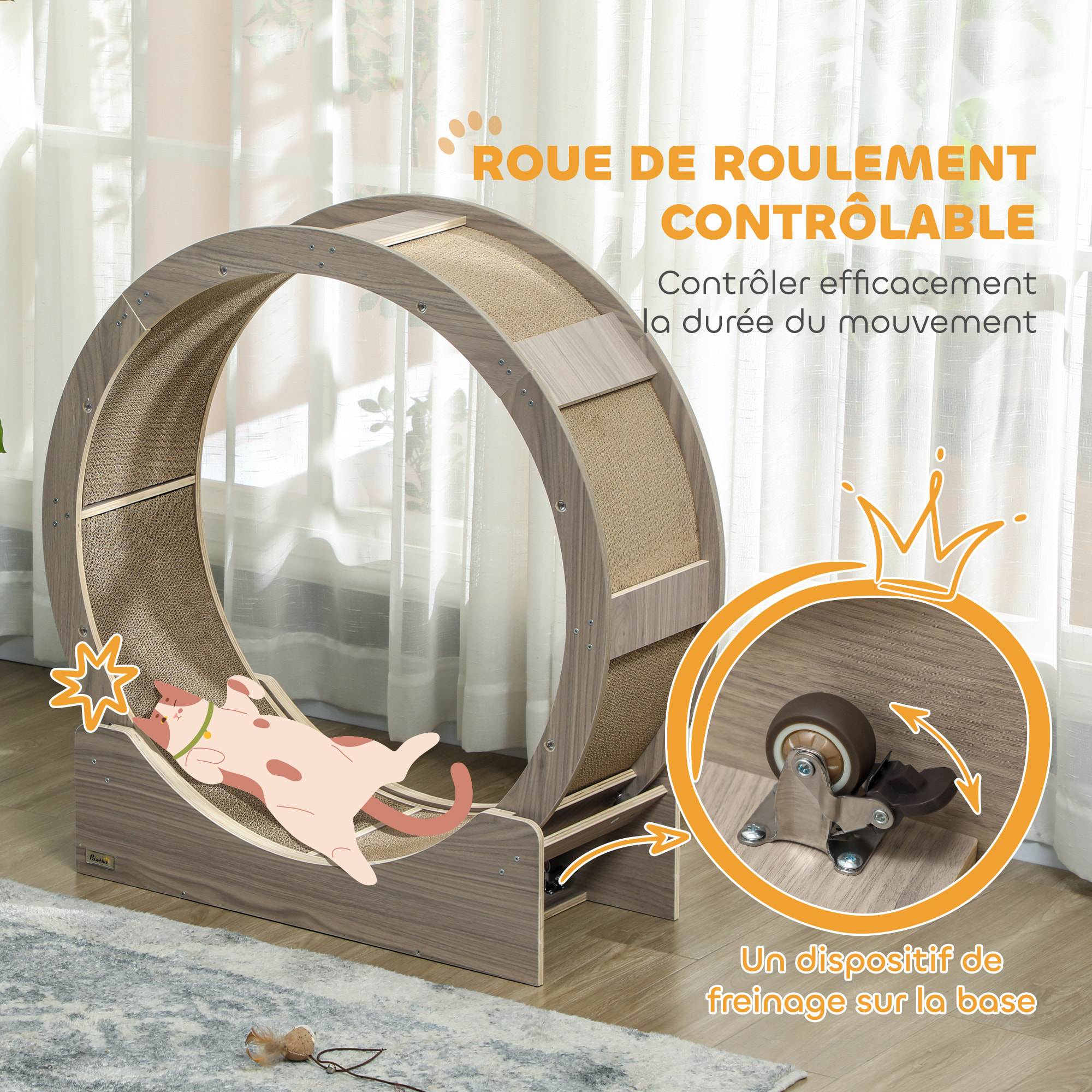 Roue d'exercice pour chat - frein, grattoirs - dim. 91L x 33,5P x 94H cm - aspect bois brun
