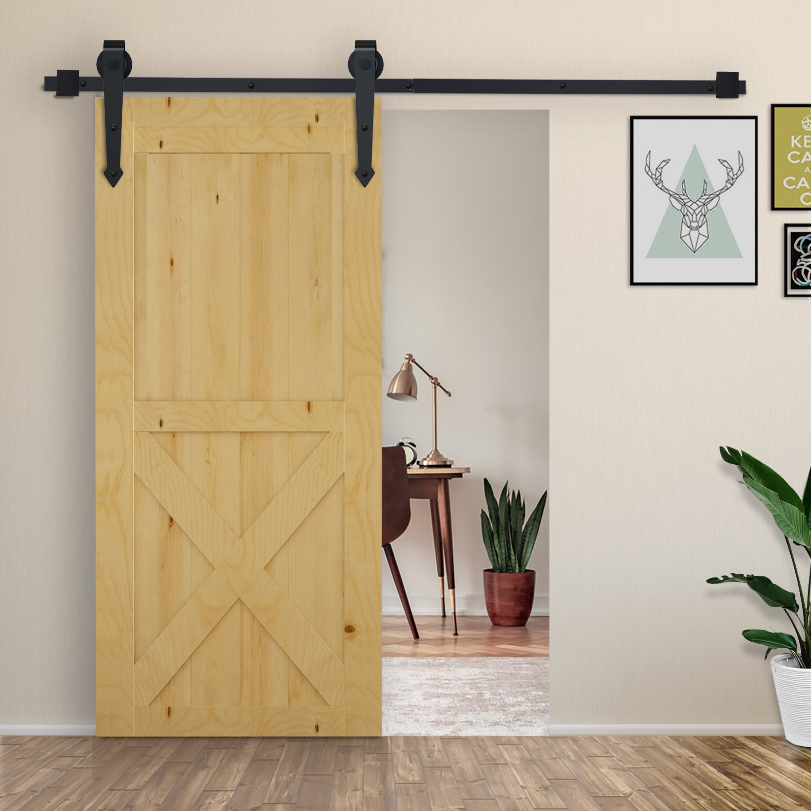 HOMCOM 200cm/6.6FT Herraje para Puerta Corredera Tipo Flecha Kit de Accesorios para Puerta Corrediza Granero de Madera con Guía de Suelo Riel Acero al Carbono Negro