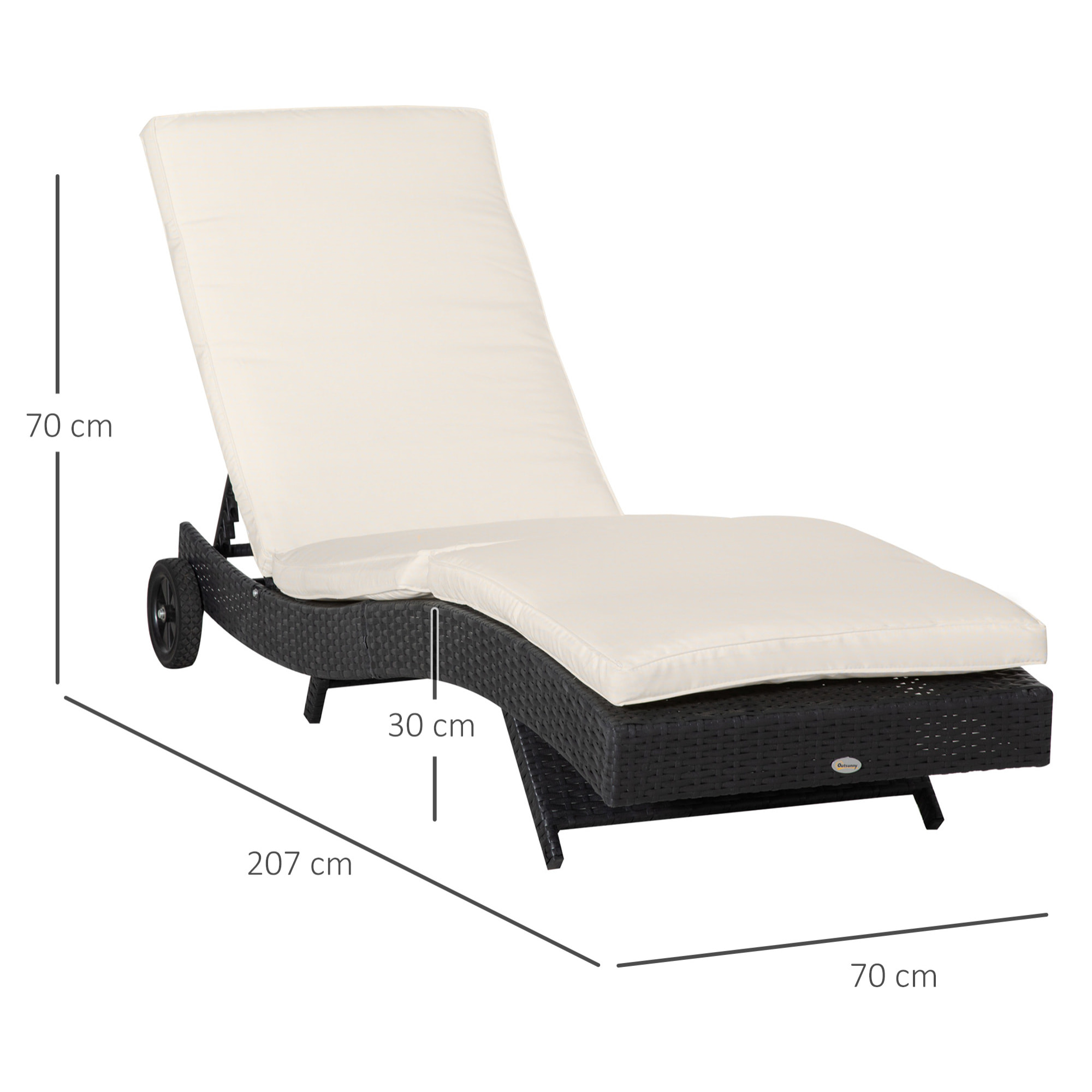 Tumbona de Ratán Reclinable Tumbona de Jardín en Forma de S con 2 Ruedas Respaldo Ajustable en 5 Posiciones y Cojín Extraíble para Patio Terraza 207x70x70 cm