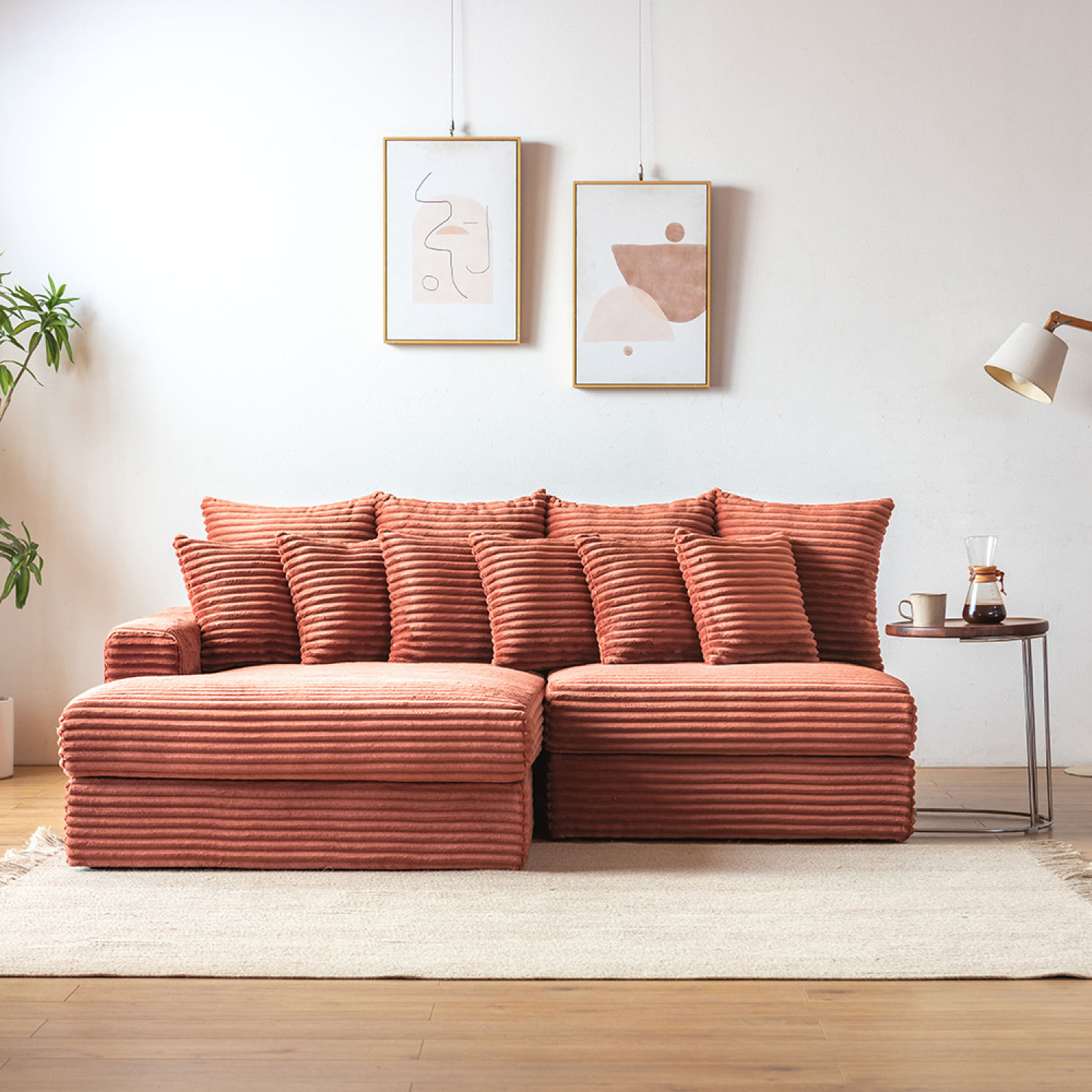 KENDARI Canapé d'angle 2/3 places assise profonde en velours côtelé terracotta