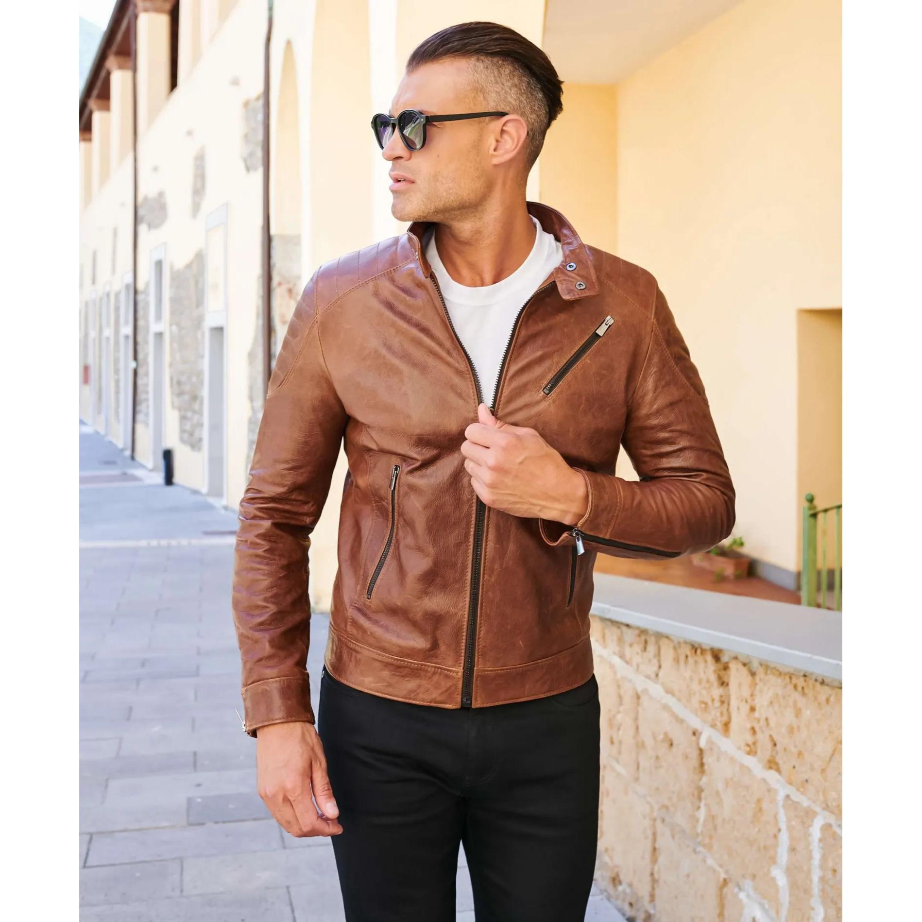 Giacca moto in pelle cuoio biker trapuntato spalle effetto liscio