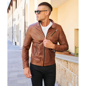 Giacca moto in pelle cuoio biker trapuntato spalle effetto liscio