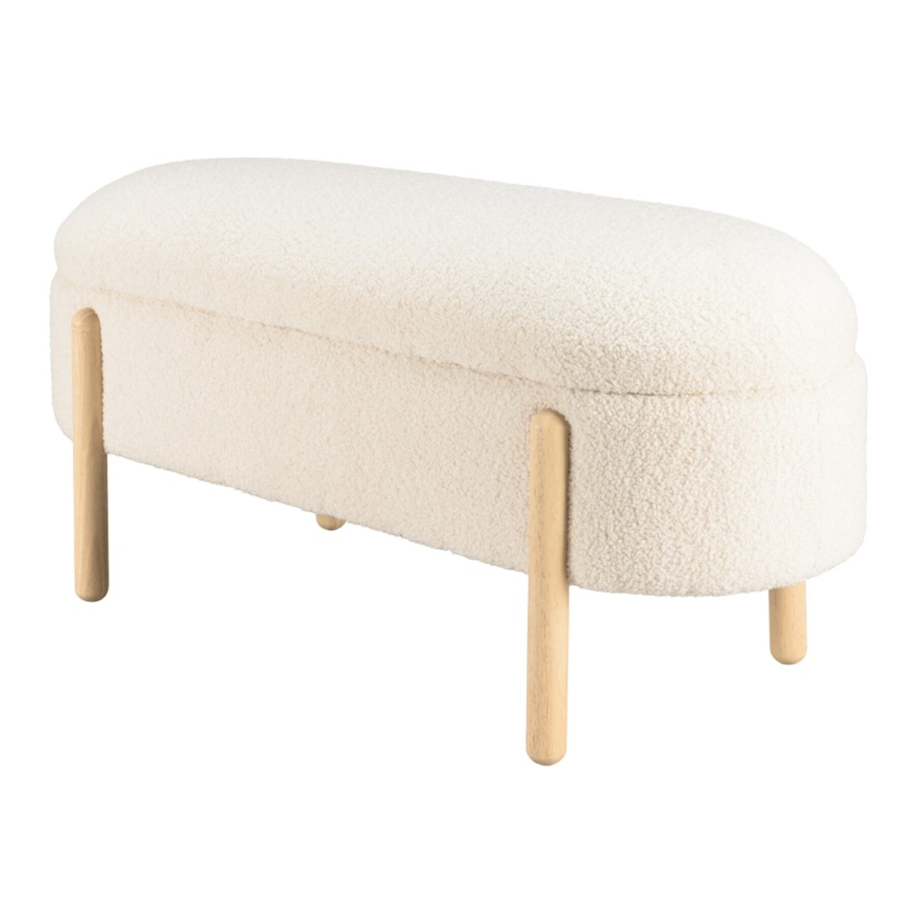LEOPOLD - Banquette tissu bouclette écru avec rangement et pieds bois