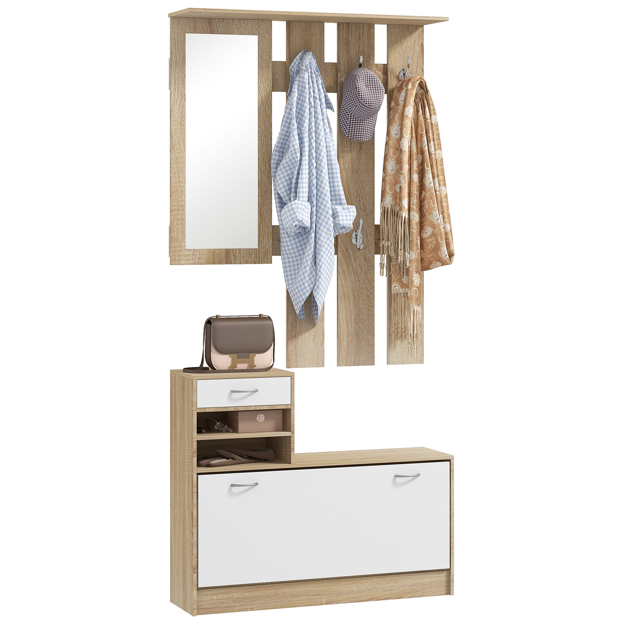 Ensemble de meubles d'entrée design contemporain blanc effet bois clair