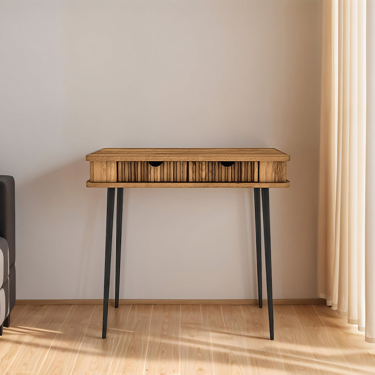 Console Bois Hêtre Massif Amalfi, L.84 x P.46 x H.90 cm, Style Naturel