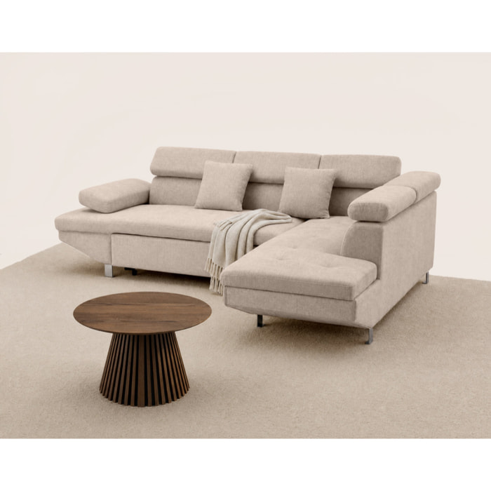 Margaux - Canapé d'angle droit 5 places convertible avec coffre et têtières réglables en velours texturé - Beige