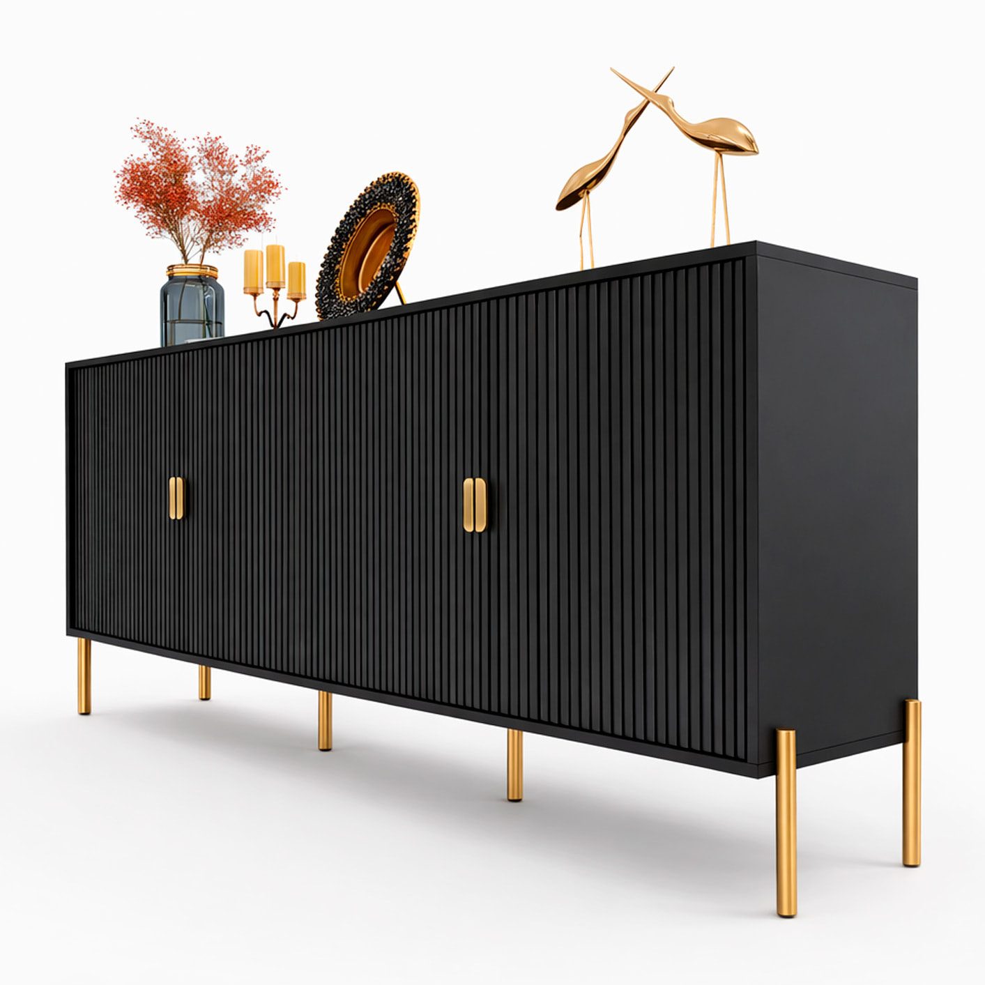 Madia Moderna Credenza In Melaminico Opaco Con 4 Ante E Piedini Alti Mobile Contenitore Design Soggiorno Salotto Sala Pranzo 203 x 49 x 87 Cm Nero