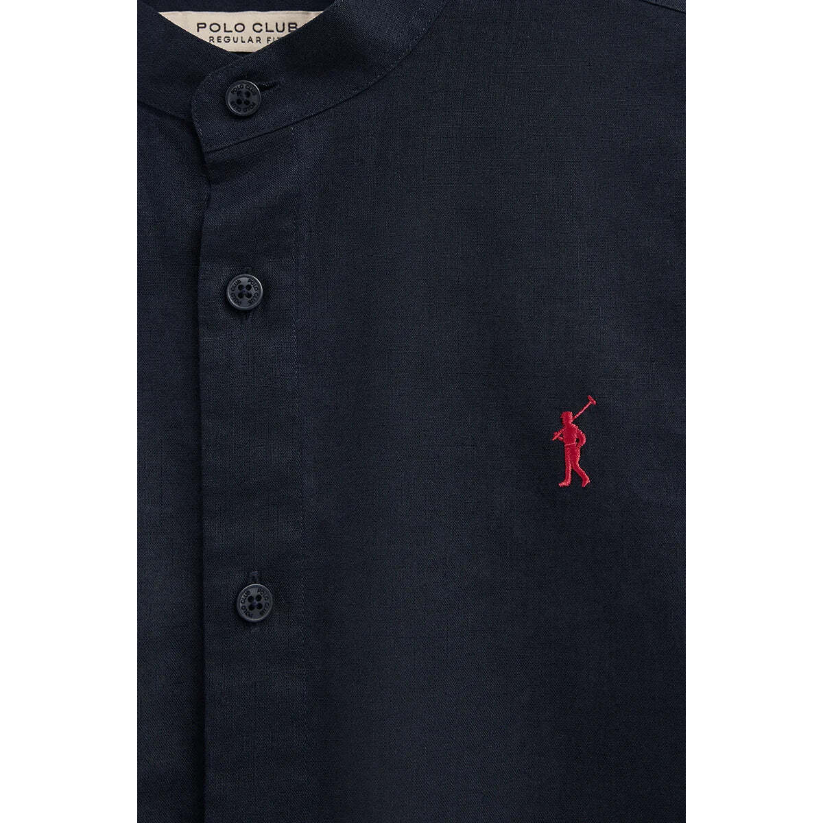 Camicia cotolino blu marino con collo alla coreana, regular fit e ricamo Rigby Go