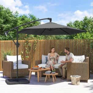 Parasol déporté 3 m avec pied en croix et dalles lestage, parasol de jardin extérieur avec manivelle et loquet de verrouillage, toile polyester 180 g/m², protection UV 30+, gris foncé