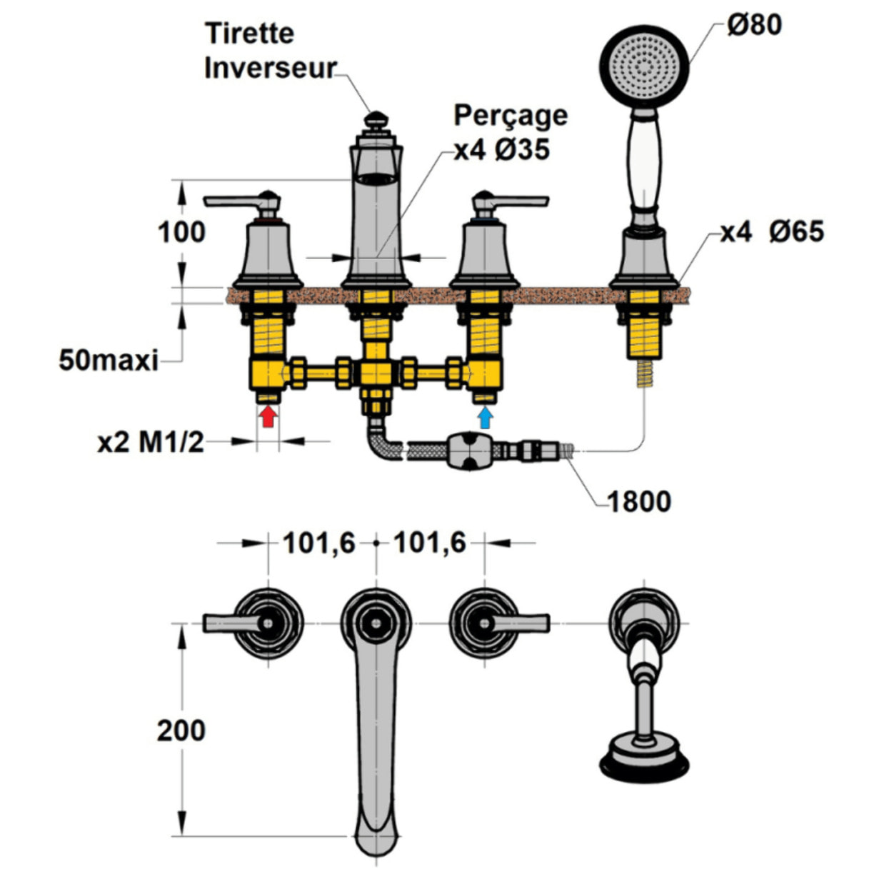 Mélangeur bain douche 4 trous PAINI Lady's Auburn