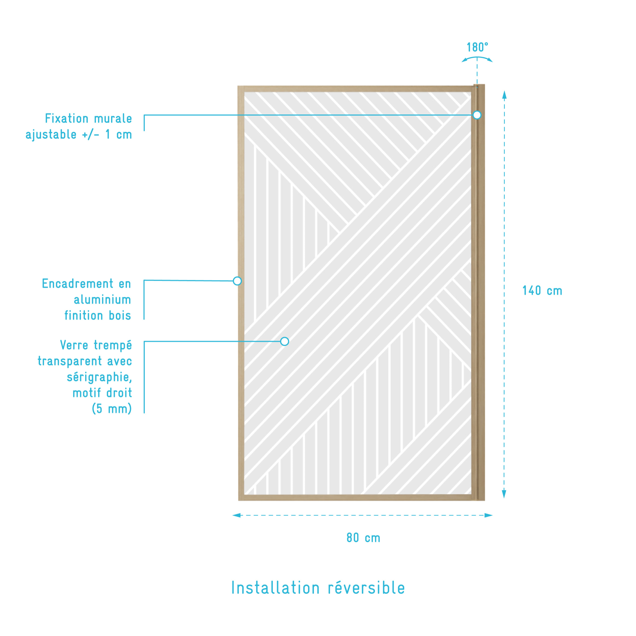 Pare baignoire pivotant 140x80 cm HINATA - style Japandi géométrique - Cadre effet bois - Verre 5 mm