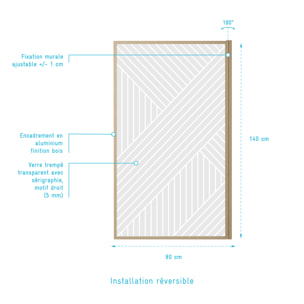 Pare baignoire pivotant 140x80 cm HINATA - style Japandi géométrique - Cadre effet bois - Verre 5 mm