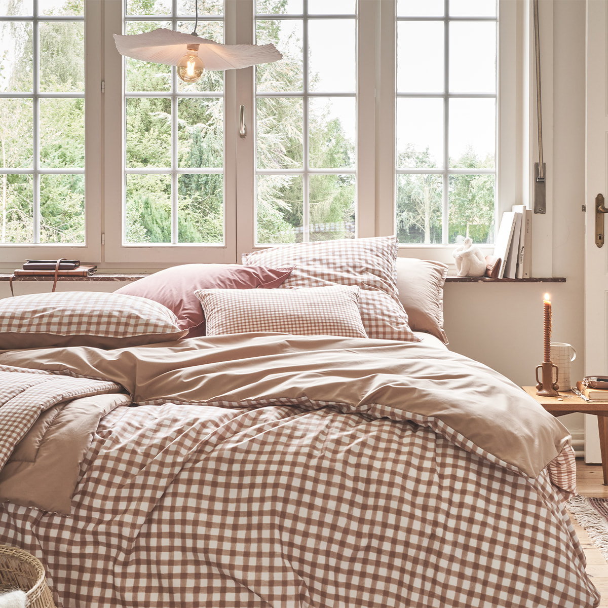 Housse de coussin imprimé en percale de coton, Made in France, VICHY , Beige Dune