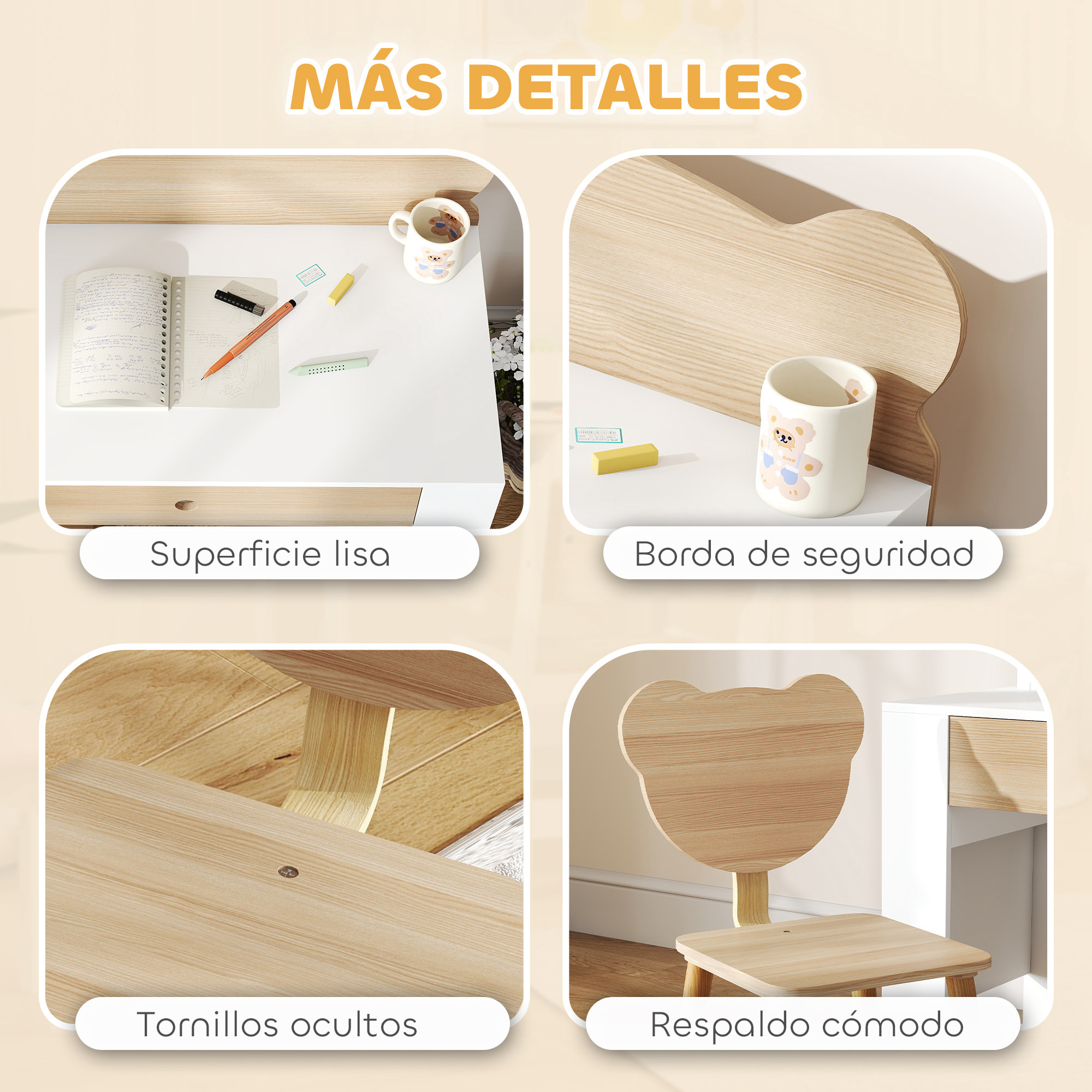 Escritorio Infantil con Silla en Forma de Osito Pupitre Infantil con Cajón para Estudiar Leer y Dibujar Mesa para Niños para Dormitorio Sala Estudio Natural