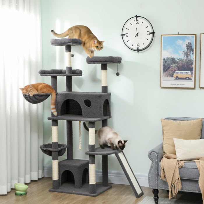 Arbre à chat grande taille H.174cm plateformes hamacs jouets griffoirs grattoirs peluche gris