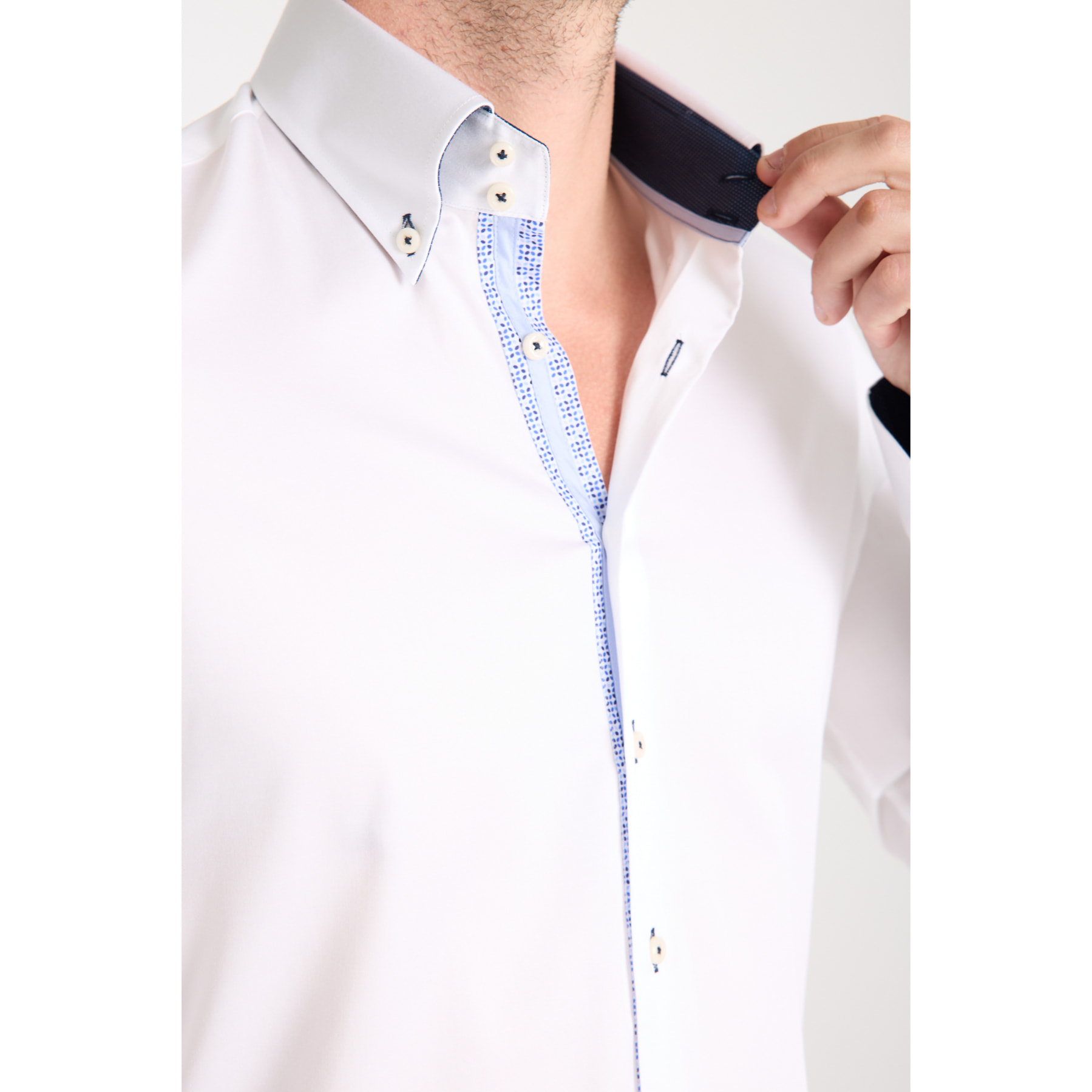 Camicia Uomo 2 Bottoni Button Down Slim Satin Unito Bianco