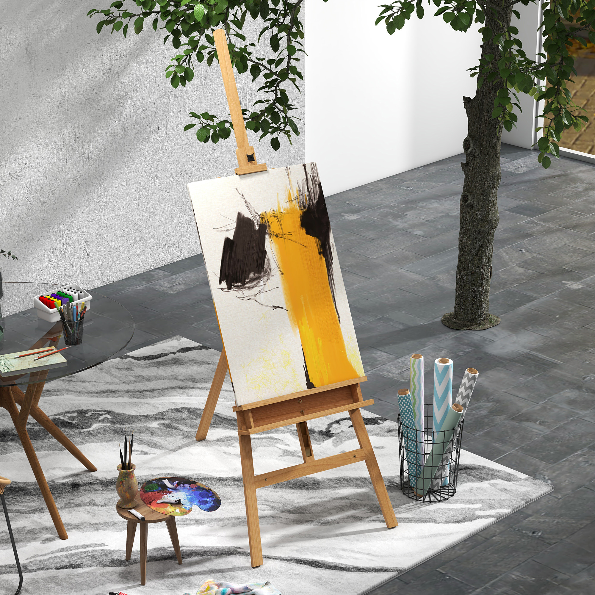 Caballete de Pintura Plegable, 235 cm, Caballete de Madera con Altura y Ángulo Ajustables, Estante Inferior, para Adultos, Artistas, Pintor, Estudiantes, Natural