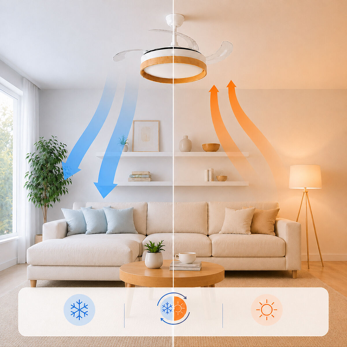 Ventilatore da Soffitto con Luce LED e 4 Pale Retrattili Woteez InnovaGoods Legno 72 W Ø49-104 cm