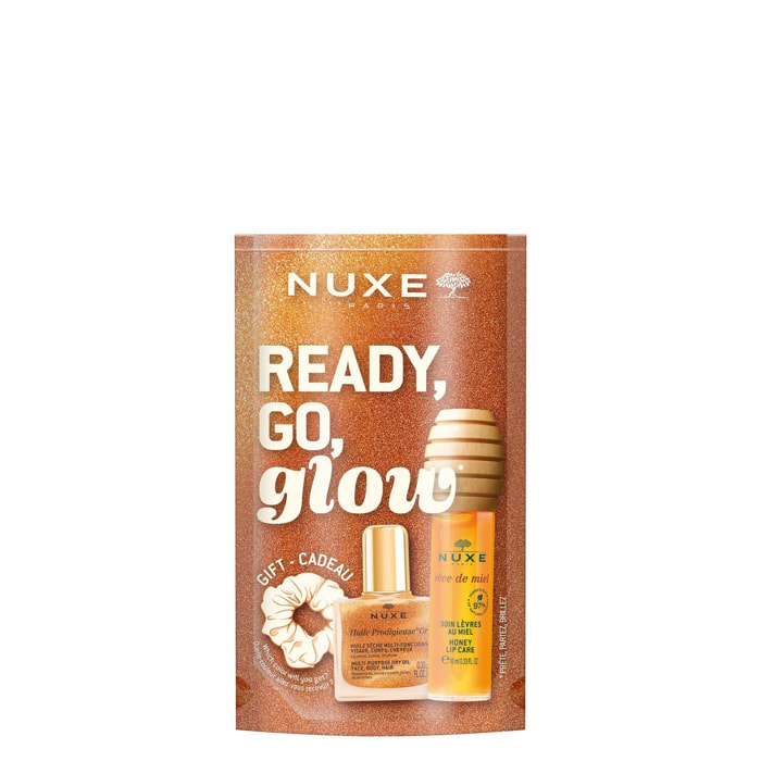 Ready Go Glow - Coffret Soin Lèvres Rêves de Miel 10 ml + Huile Sèche Or 10 ml + un Chouchou