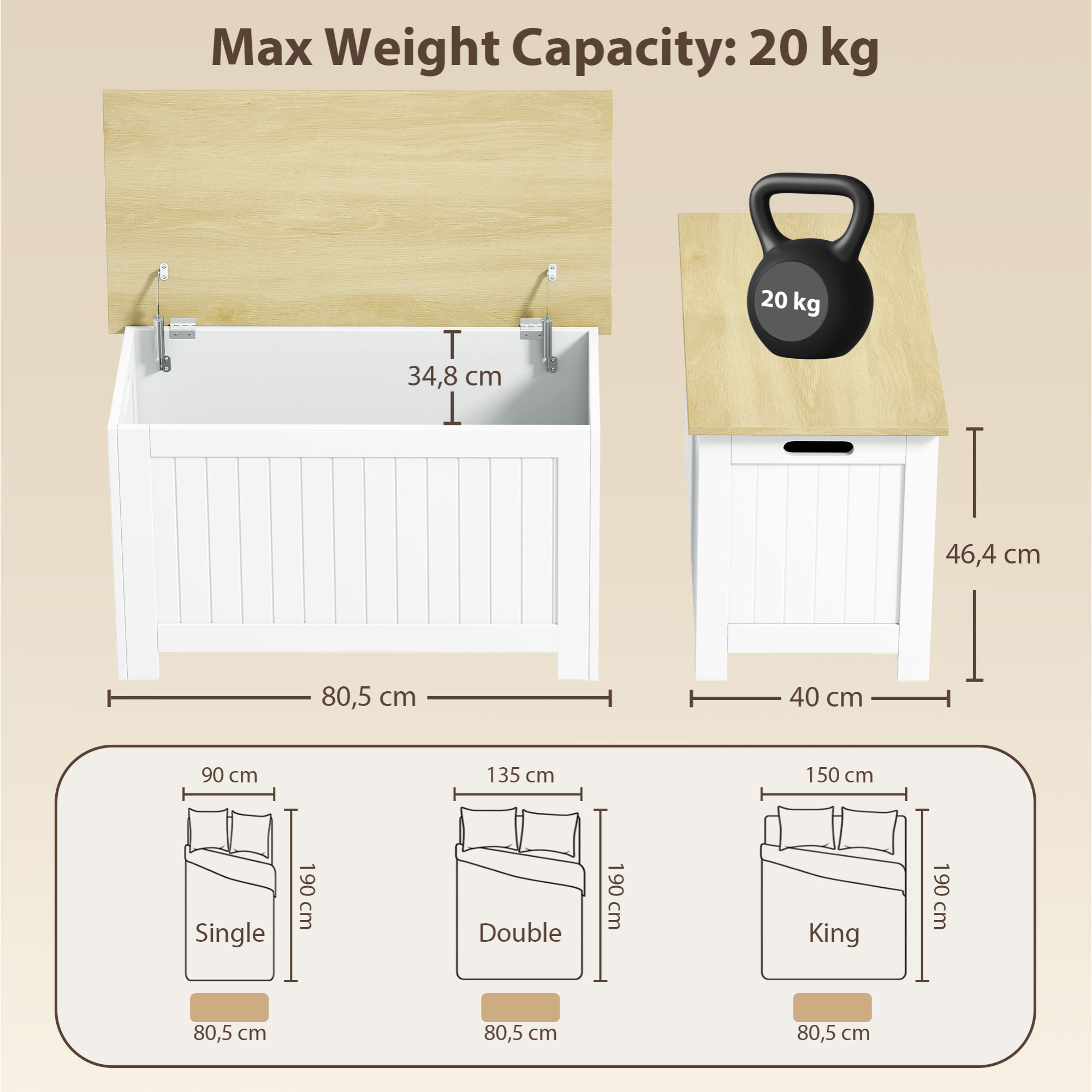 Baúl de Almacenaje para Dormitorio 90 L Banco de Almacenaje con Tapa Baúl de Almacenaje Versátil con Bisagra de Seguridad para Pasillo Salón 80,5x40x46,4 cm Natural y Blanco