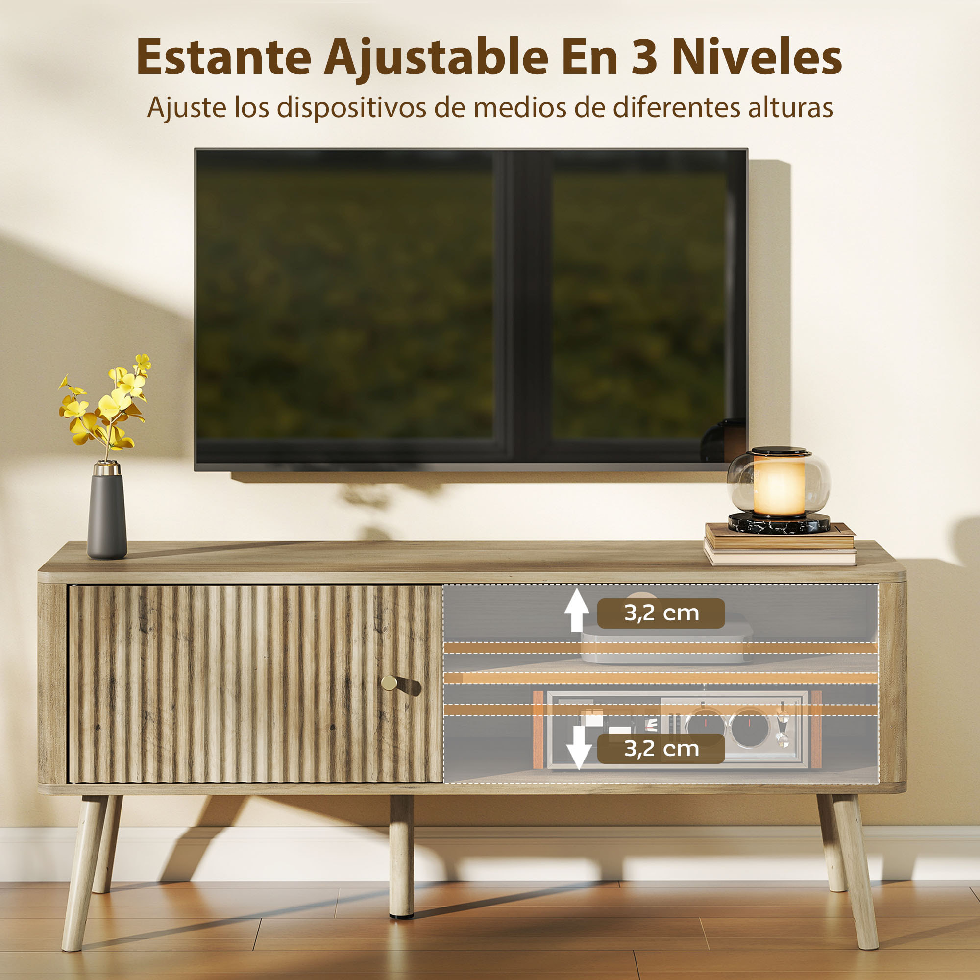 Mueble de TV, Mesa de TV 115 cm, Mueble para Televisión hasta 55 Pulgadas, con Puerta Acanalada, Estante Ajustable, Compartimentos Abiertos y Orificio para Cables, para Salón, Comedor, Roble