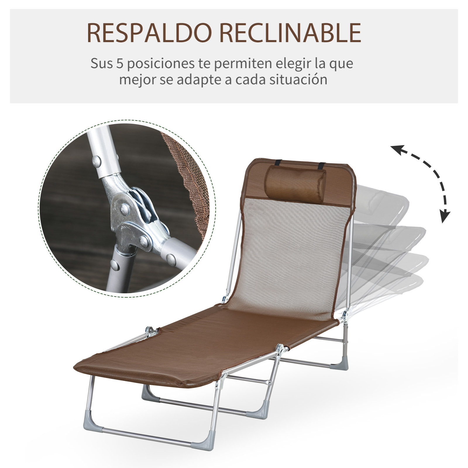 Tumbona Plegable y Reclinable con Reposacabezas y Respaldo Ajustable Marrón