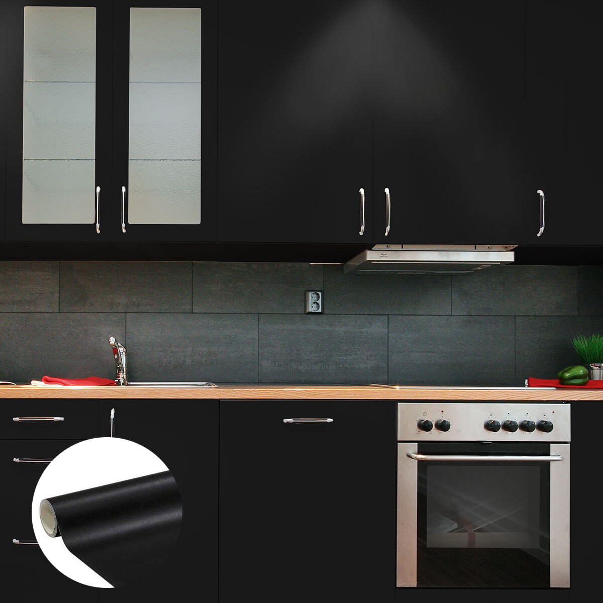 Rouleau adhésif décoratif Vinyle au Mètre - Noir - Sticker Lavable Imperméable Mur Cuisine Meubles