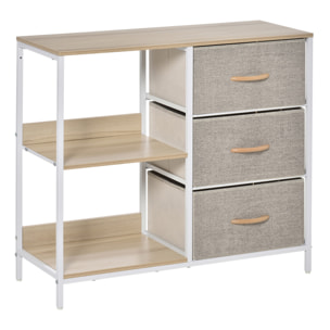 Meuble de rangement commode design - 3 tiroirs, 2 étagères - métal MDF non tissé beige