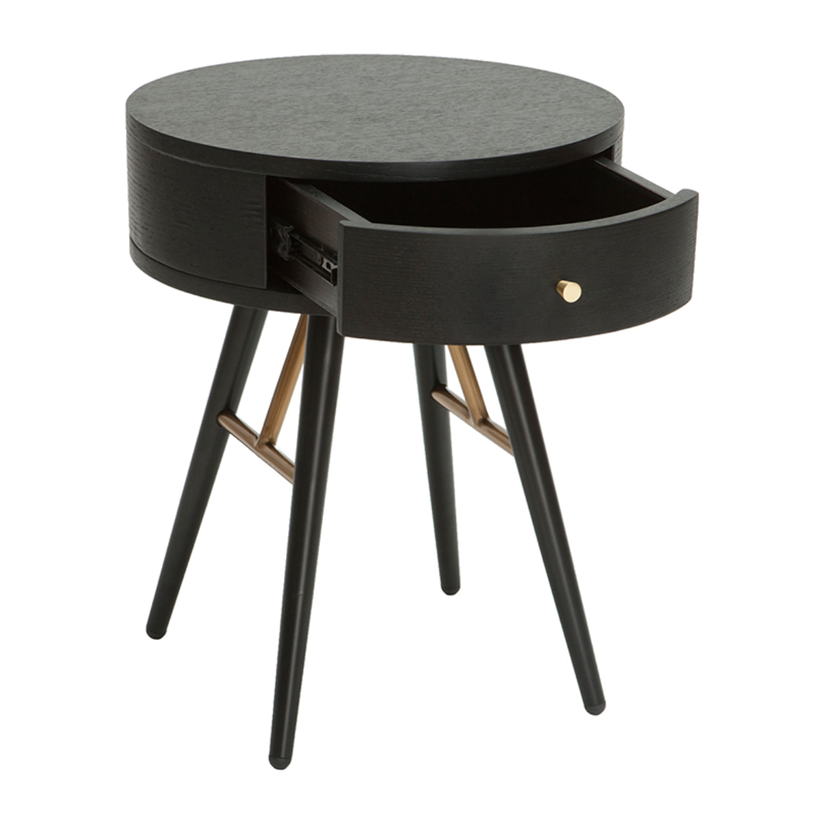 Table de chevet ronde avec tiroir bois et métal noir KORAL