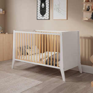 Lit Evolutif Timéo à barreaux 60 x 120 cm, Couleur Blanc & Bois, En Bois, 3 Hauteurs, Barreaux amovibles