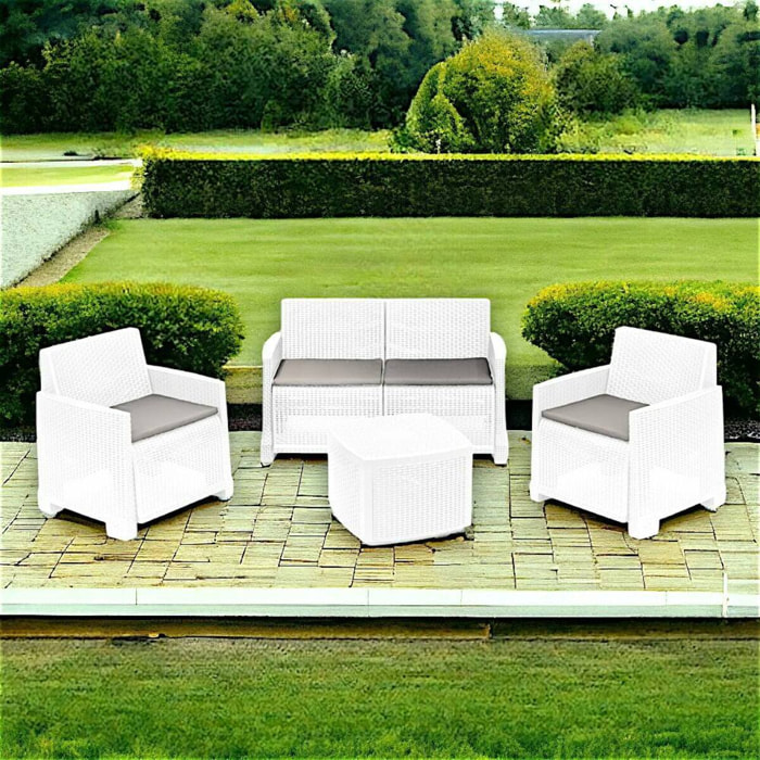 Set salotto da esterno Amer, Composizione da giardino con 2 poltrone, 1 divano e 1 tavolino contenitore, Effetto rattan con cuscini, 100% Made in Italy, Bianco