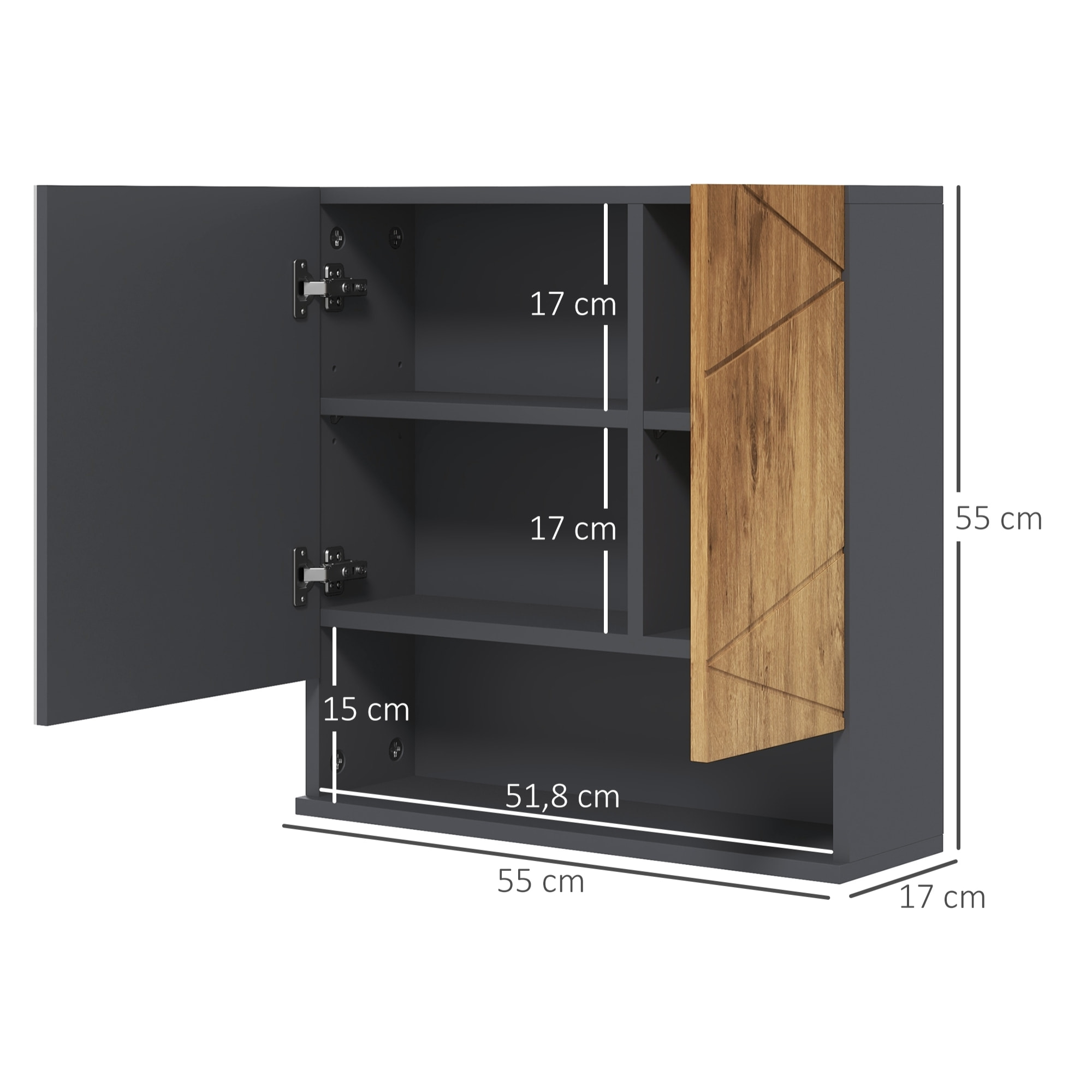 Armoire miroir de salle de bain - 2 portes, 2 étagères, niche - anthracite aspect bois