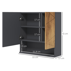 Armoire miroir de salle de bain - 2 portes, 2 étagères, niche - anthracite aspect bois